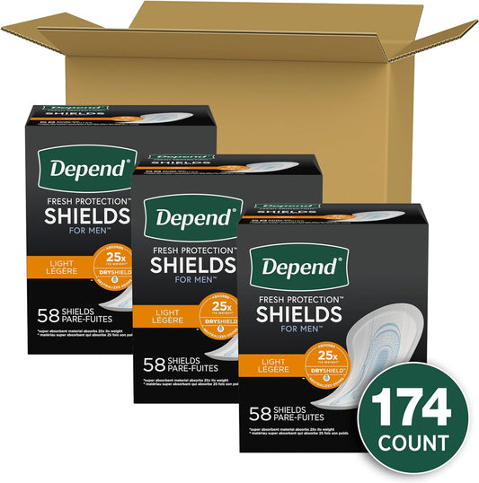 Depend Incontinence/Bladder Control Shields, Pads For Men, Light Absorbency, 174 Count (3 Packs Of 58) (Packaging May Vary)