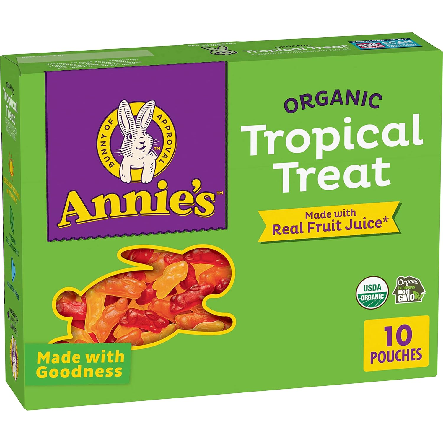 Annie'S Organic Bunny Fruit Flavored Snacks, Tropical Treat, Gluten Free, 10 Pouches, 7 Oz