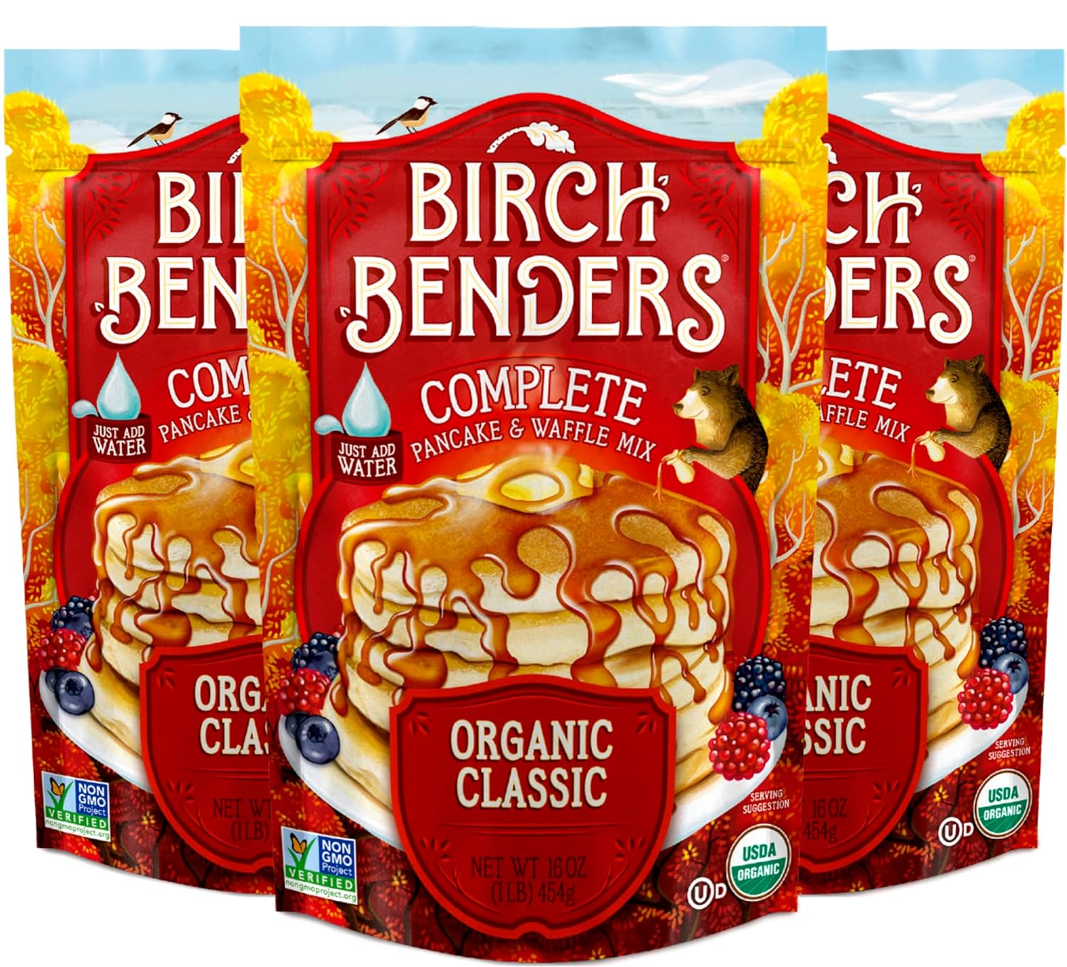 Birch Benders Organic Classic, Whole Grain, Pancake and Waffle Mix, 16 oz (Pack of 3)