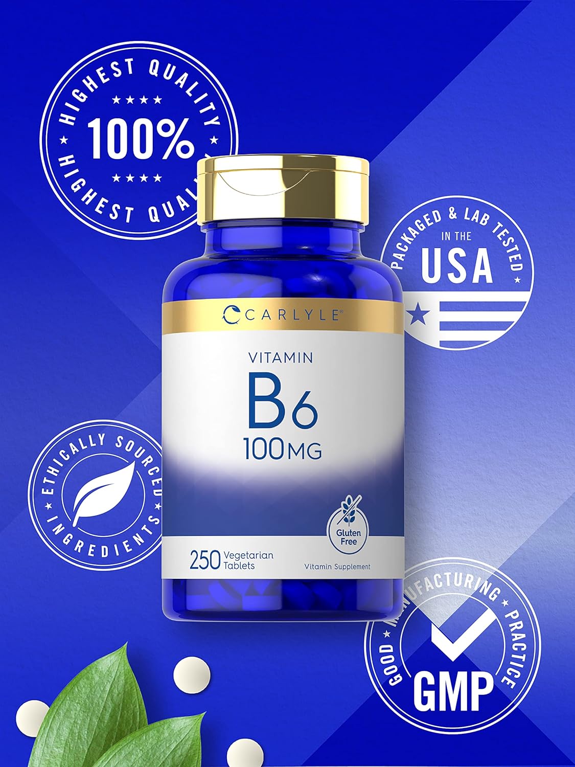 Carlyle Vitamin B6 100mg | 250 Tablets | Vegetarian, Non-GMO, Gluten Free : Health & Household