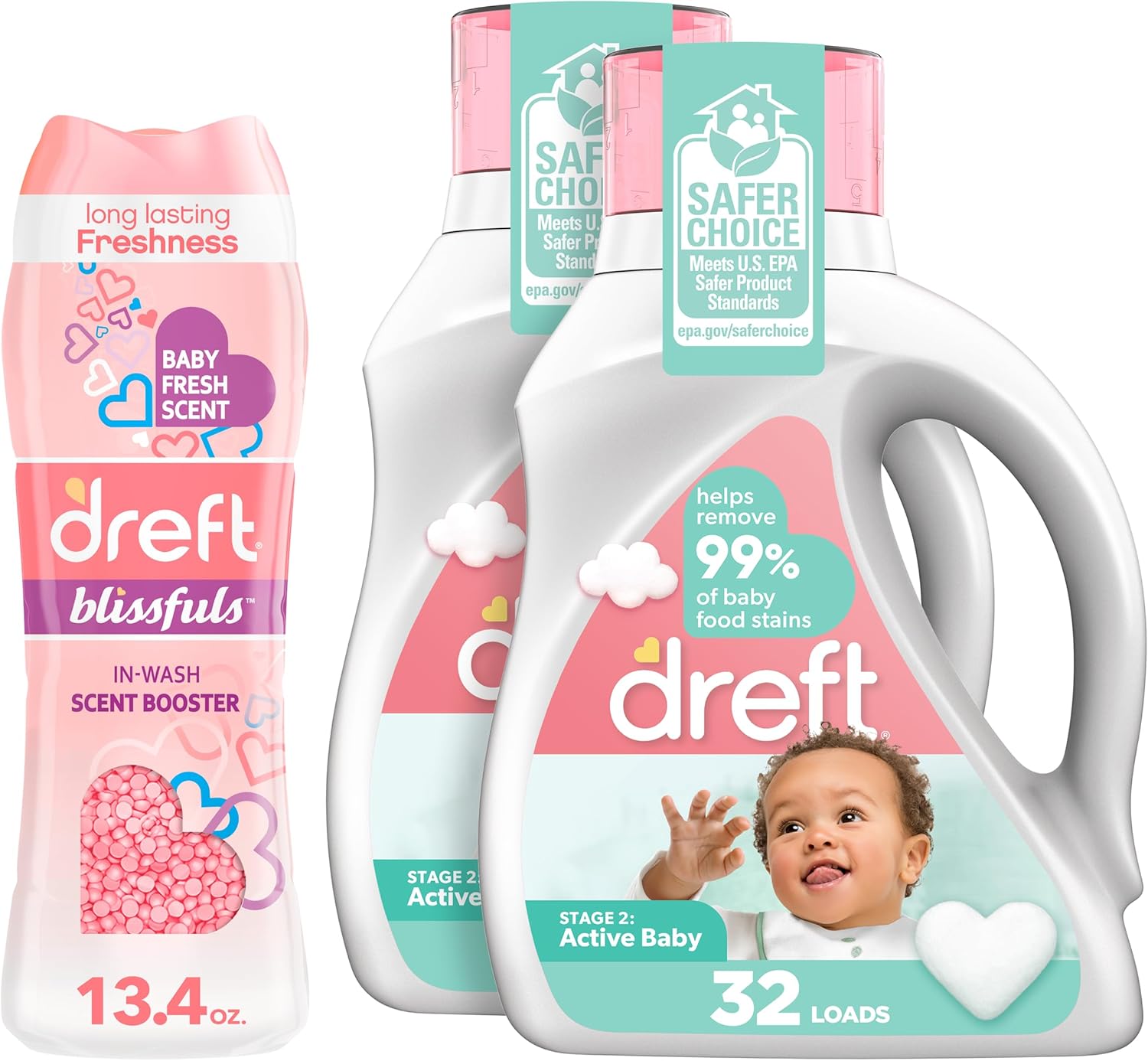 Bundle Of Dreft Stage 2: Laundry Detergent Liquid Soap, 64 Total Loads (Pack Of 2) + Dreft Blissfuls In-Wash Scent Booster Beads, Baby Fresh, 13.4 Oz