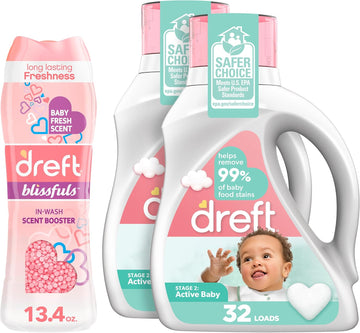 Bundle Of Dreft Stage 2: Laundry Detergent Liquid Soap, 64 Total Loads (Pack Of 2) + Dreft Blissfuls In-Wash Scent Booster Beads, Baby Fresh, 13.4 Oz