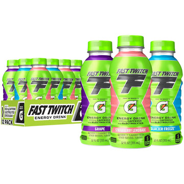 Fast Twitch Energy Drink From The Makers Of Gatorade, Glacier Freeze, Strawberry Lemonade, Grape Variety Pack, 12 Fl Oz (Pack Of 12)