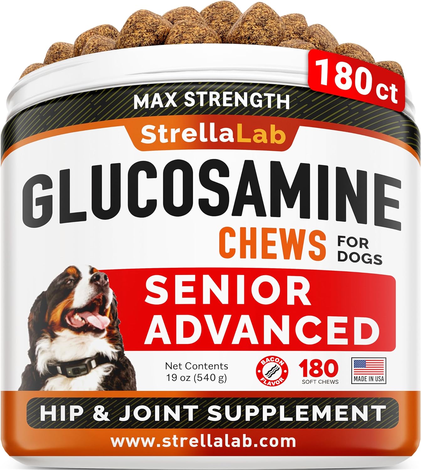 Senior Advanced Glucosamine Chondroitin Joint Supplement for Dogs - Hip & Joint Pain Relief Pills - Large & Small Breed - Hip Joint Chews Canine Joint Health - Chews Older Dogs - Bacon Flavor - 180Ct