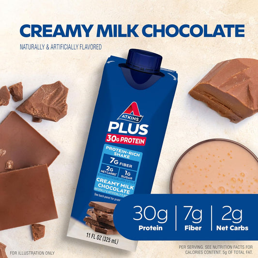 Atkins Creamy Milk Chocolate Plus Protein Shake, 30G Protein, 7G Fiber, 2G Net Carb, 1G Sugar, Keto Friendly, Low Carb, High Protein Drink, 12 Count