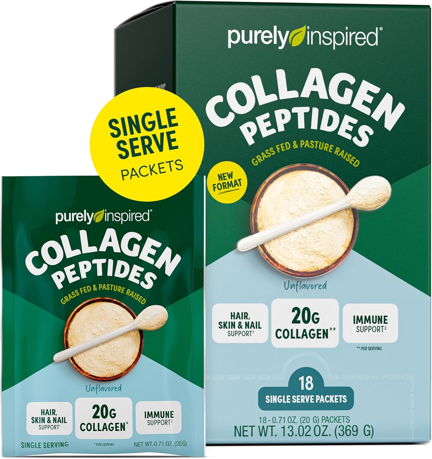 Purely Inspired Collagen Powder, 18 Single Serve Packets, Unflavored - 20G Collagen Peptides Protein Powder For Women & Men - Grass-Fed & Pasture Raised - Gluten-Free, Paleo & Keto-Friendly