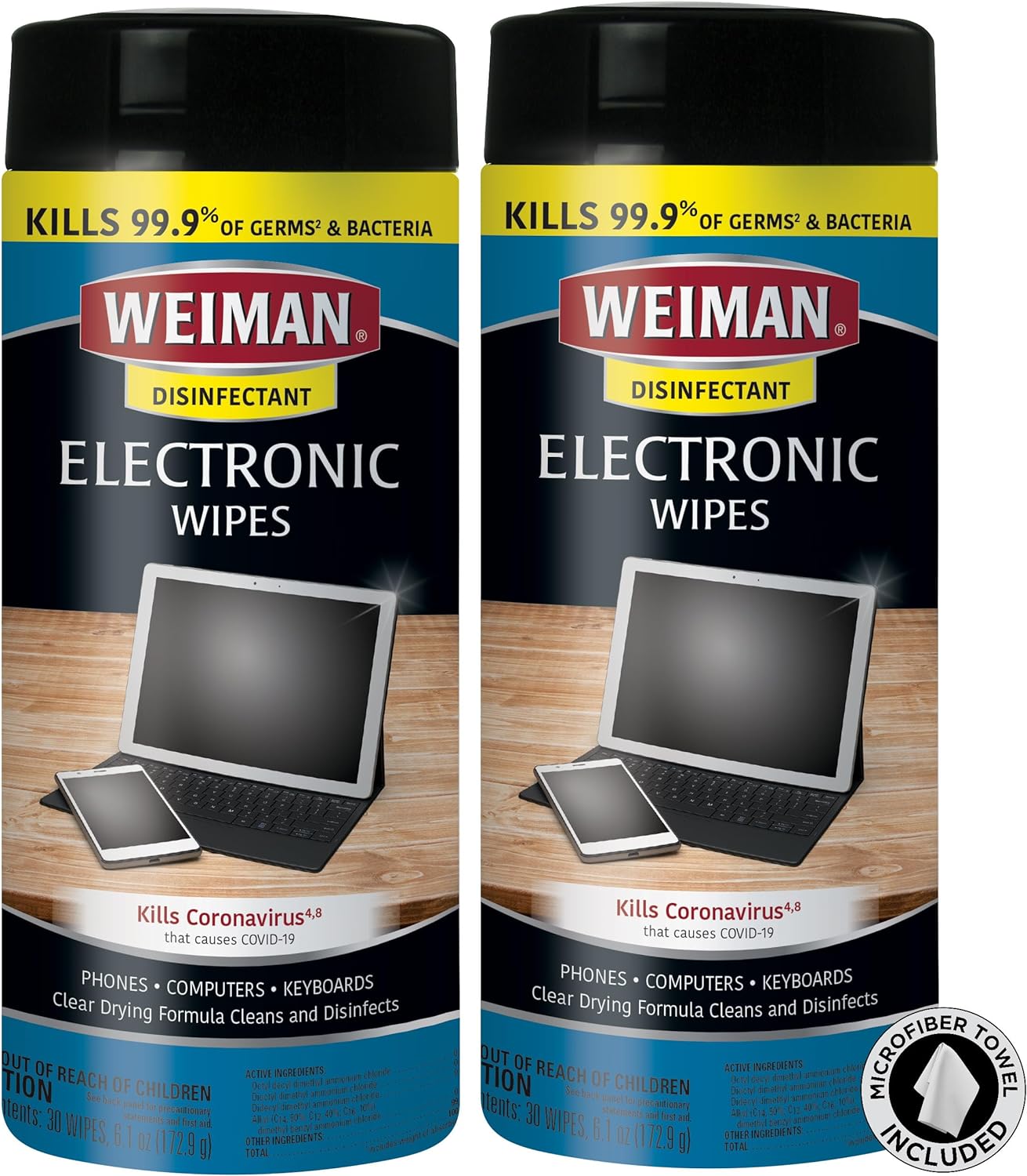 Weiman Electronic & Screen Disinfecting Wipes - Safely Clean and Disinfect Your Phone, Laptop Keyboard, Tablets, Lens Wipes - 30 Count | 2 Pack with MicroFiber Towel Included