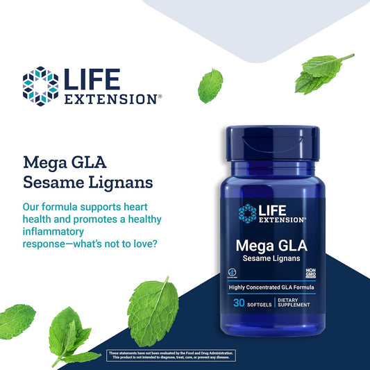 Life Extension Mega Gla Sesame Lignans – Gamma-Linolenic Acid From Borage Oil Supplement - Whole Body Health & Inflammation Health Support – Gluten-Free, Non-Gmo – 30 Softgels