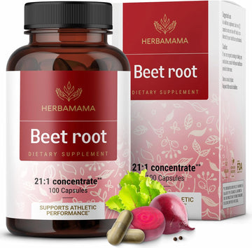 Herbamama Beet Root Capsules - 21:1 Concentrate Beets Nitric Oxide With Black Pepper - Beet Root Pure Immune Support - Vegan, Non-Gmo - 100 Caps