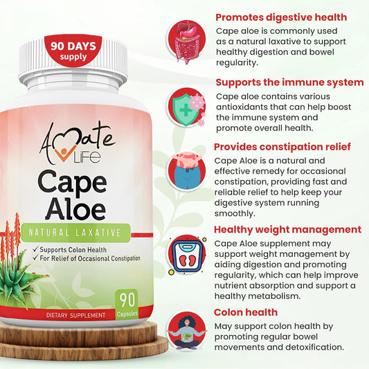 Amate Life Cape Aloe Natural Laxative Supplement- Constipation Relief- Regulate Bowel - All-Natural Herbal Detox- Weight Management Supplement- Digestion Help Dietary Supplement- 90 Caps- Non-GMO