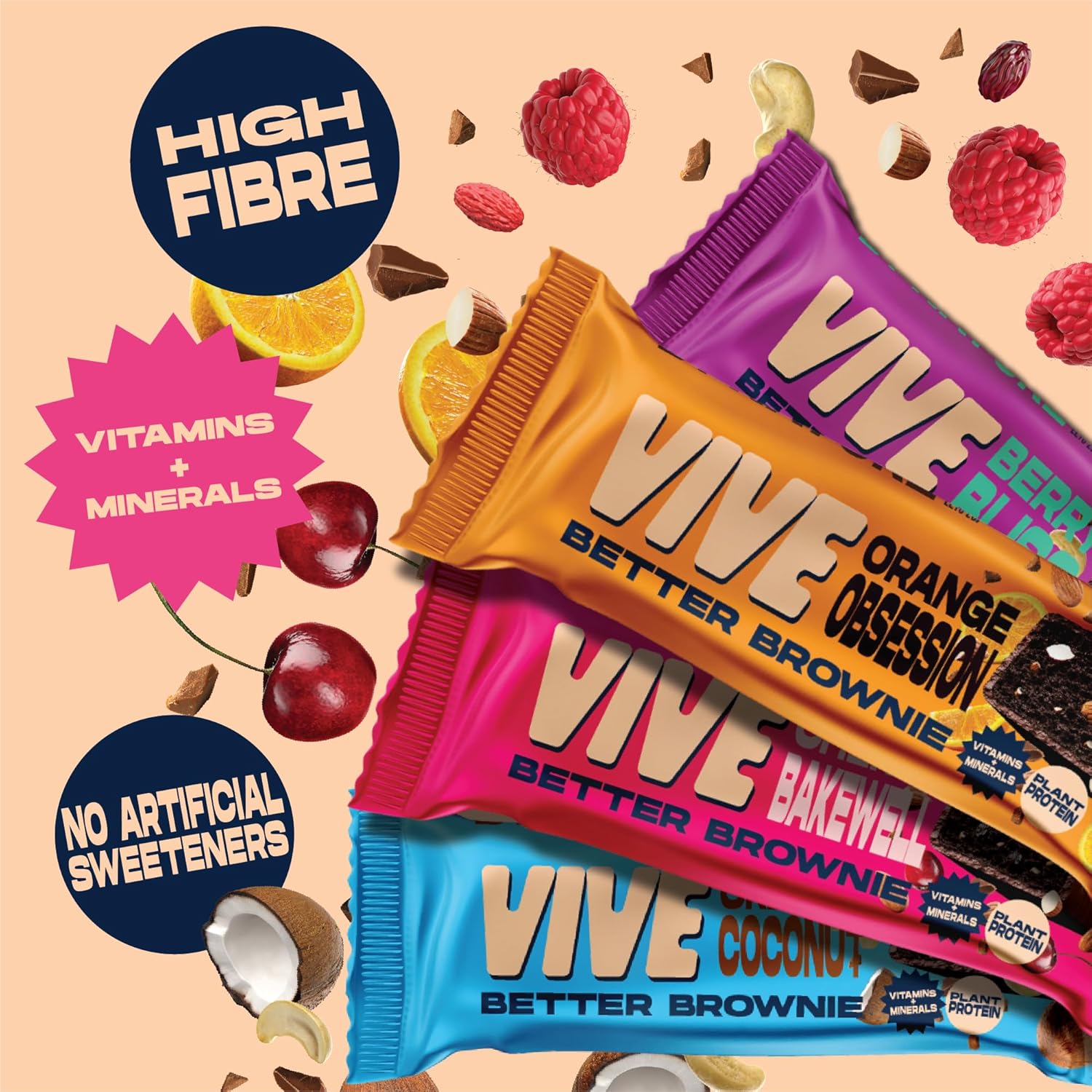 Vive Better Brownie Chocolate Berry Bliss with Immunity Vitamins - Low Calorie Vegan Treat - Healthy Protein Snack - Pack of 15 : Amazon.co.uk: Grocery