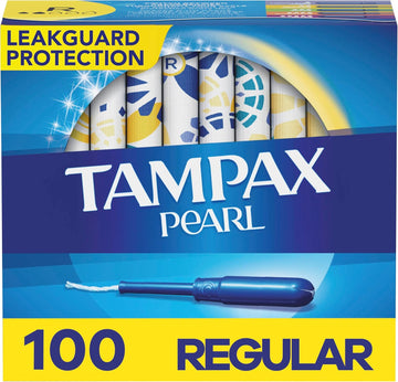 Tampax Pearl Tampons Regular Absorbency, With Leakguard Braid, Unscented, 50 Count X 2 Packs (100 Count Total)