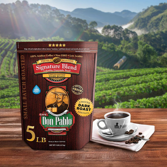 Don Pablo Signature Blend - Limited Edition Dark Roast Gourmet Coffee, 100% Arabica Whole Bean, Non-Gmo, Low Acidity, 5 Pound (5 Lb) Bag