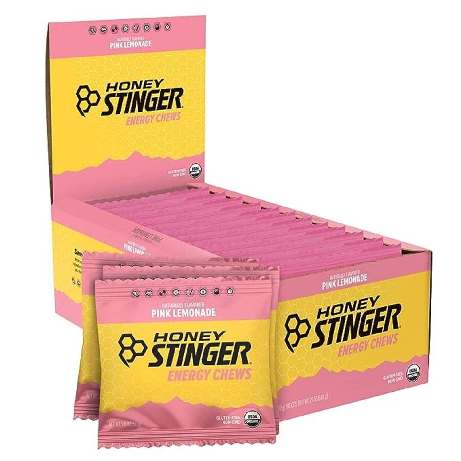 Honey Stinger Organic Pink Lemonade Energy Chew | Gluten Free & Caffeine Free | For Exercise, Running And Performance | Sports Nutrition For Home & Gym, Pre And Mid Workout | 12 Pack, 21.6 Ounce