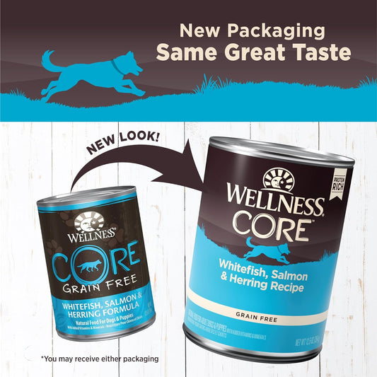 Wellness Core Natural Wet Grain Free Canned Dog Food, Whitefish, Salmon & Herring, 12.5-Ounce Can (Pack Of 12)