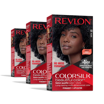 Revlon Colorsilk Beautiful Color Permanent Hair Color, Long-Lasting High-Definition Color, Shine & Silky Softness With 100% Gray Coverage, Ammonia Free, 10 Black, 3 Pack