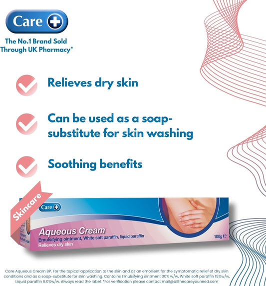 Care Aqueous Cream, Soothes, Softens And Moisturises, Relieves Symptoms Of Dry Skin, 30% Emulsifying Ointment, Soap-Substitute For Washing, Non-Greasy, 100G Cream
