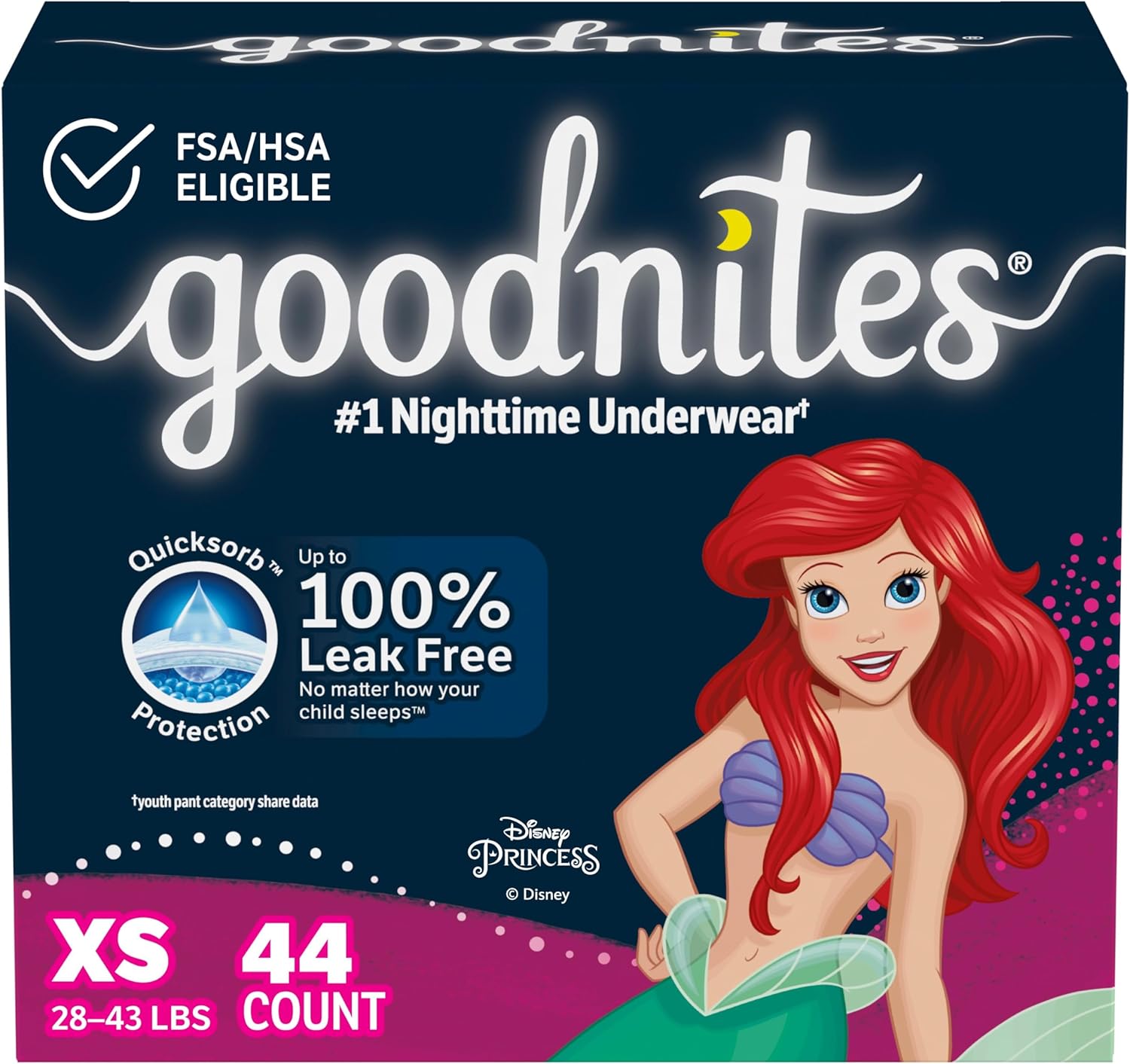 Goodnites Girls' Nighttime Bedwetting Underwear, Size Extra Small (28-43 Lbs), 44 Ct (2 Packs Of 22), Packaging May Vary