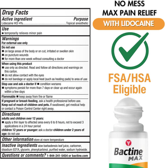 Bactine Max No-Mess Roller Ball With 4% Lidocaine - Pain + Itch Relief From Poison Ivy, Bug Bites, & Sunburn - 2.5 Oz