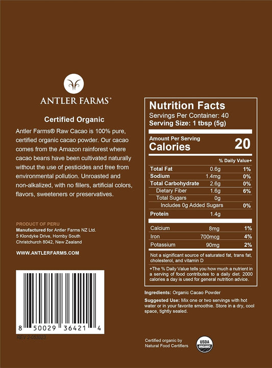 Antler Farms - 100% Pure Organic Raw Cacao Powder, 40 Servings, 200G - Vegan, Gluten Free, Cultivated Naturally In Amazon Rainforest, Certified Usda Organic