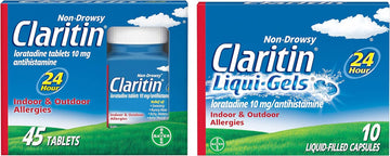 Claritin 24 Hour Non-Drowsy Allergy Medicine Bundle Pack, Prescription Strength Allergy Relief with 10mg Loratadine, Antihistamine, 45ct Tablets and 10ct Liquid Gels
