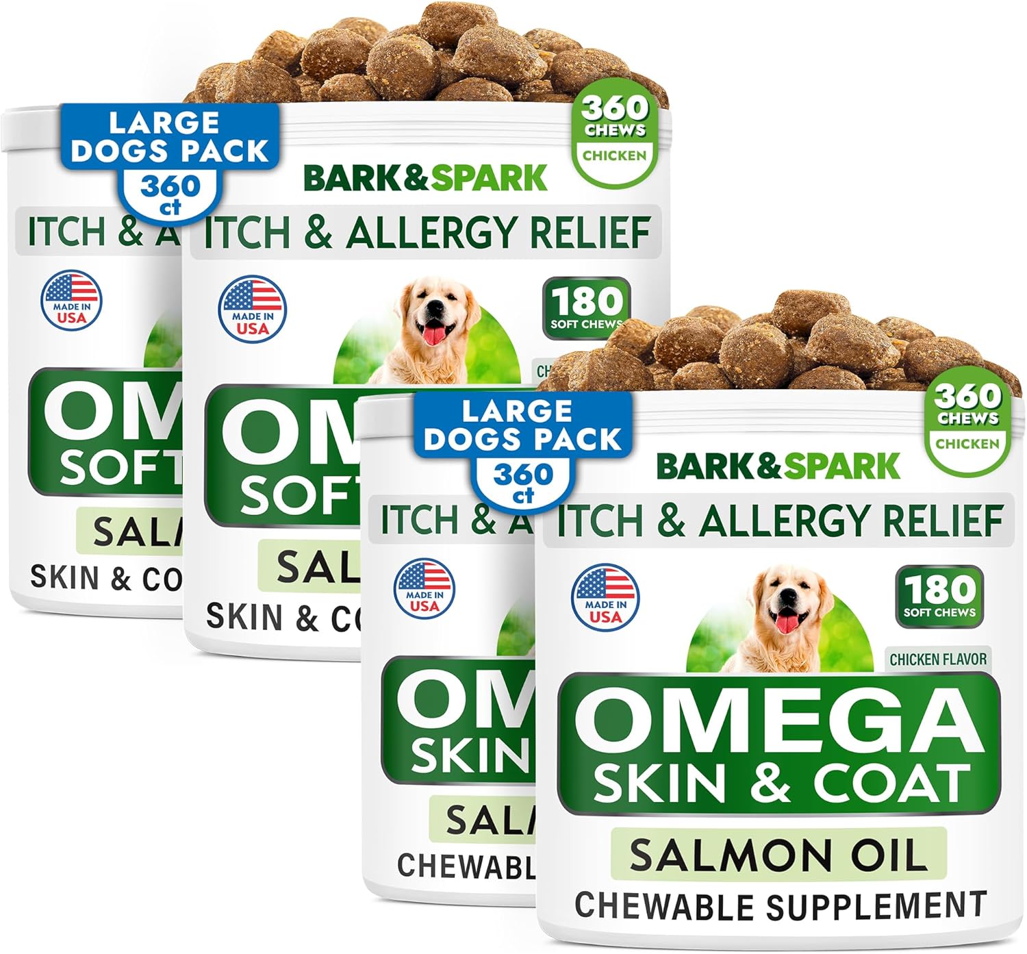 Bark&Spark Omega 3 For Dogs Bundle - 720 Fish Oil Treats For Dog Shedding, Skin Allergy, Itch Relief, Hot Spots Treatment - Joint Health - Skin And Coat Supplement - Epa & Dha Fatty Acids - Salmon Oil