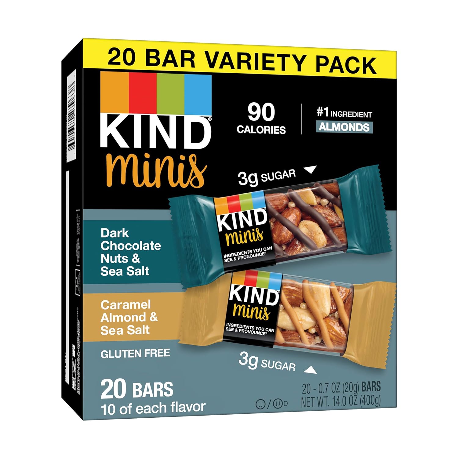 Kind Minis, Dark Chocolate Nuts & Sea Salt/ Caramel Almond & Sea Salt, 14 Oz (Pack Of 20)