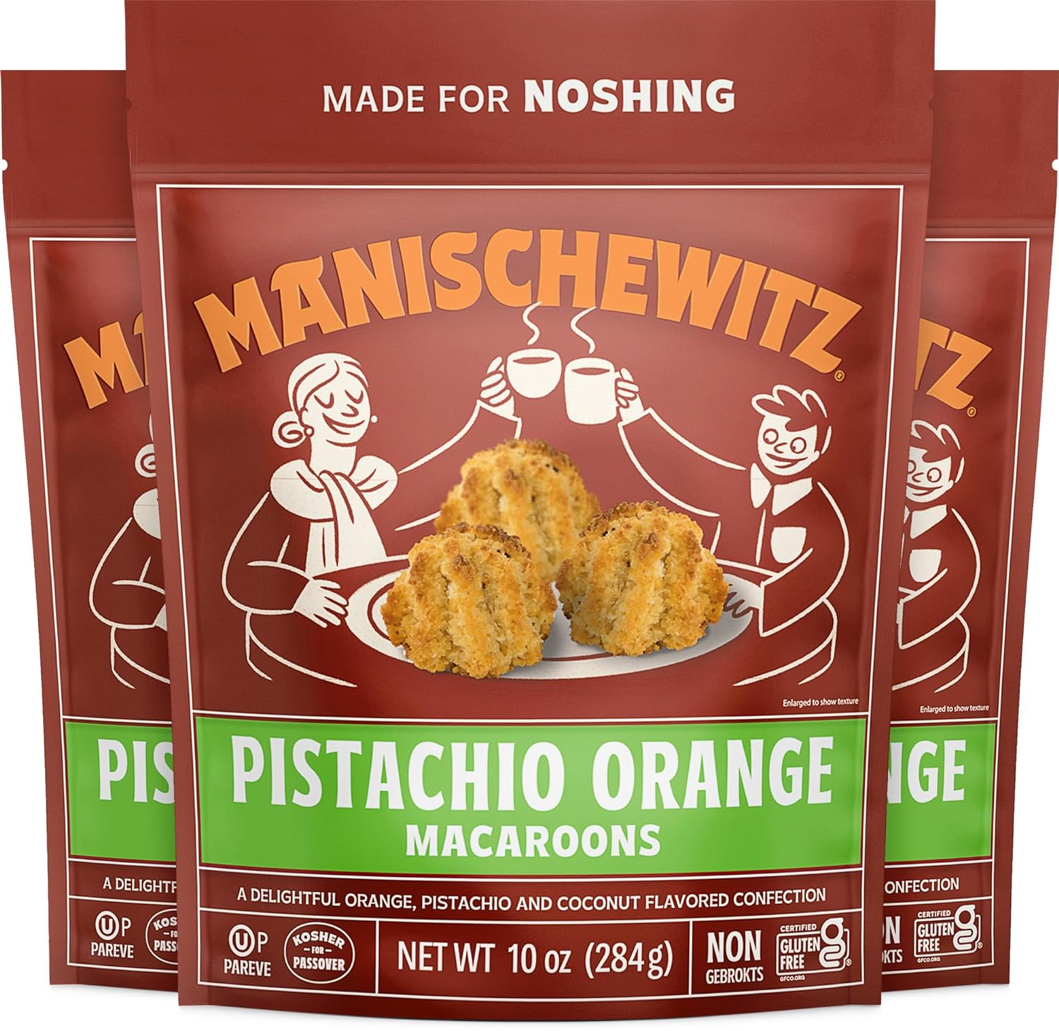 Manischewitz Pistachio Orange Macaroons, 10 oz (3 Pack) | Coconut Macaroons | Resealable Bag | Dairy Free | Gluten Free Coconut Cookie | Kosher for Passover