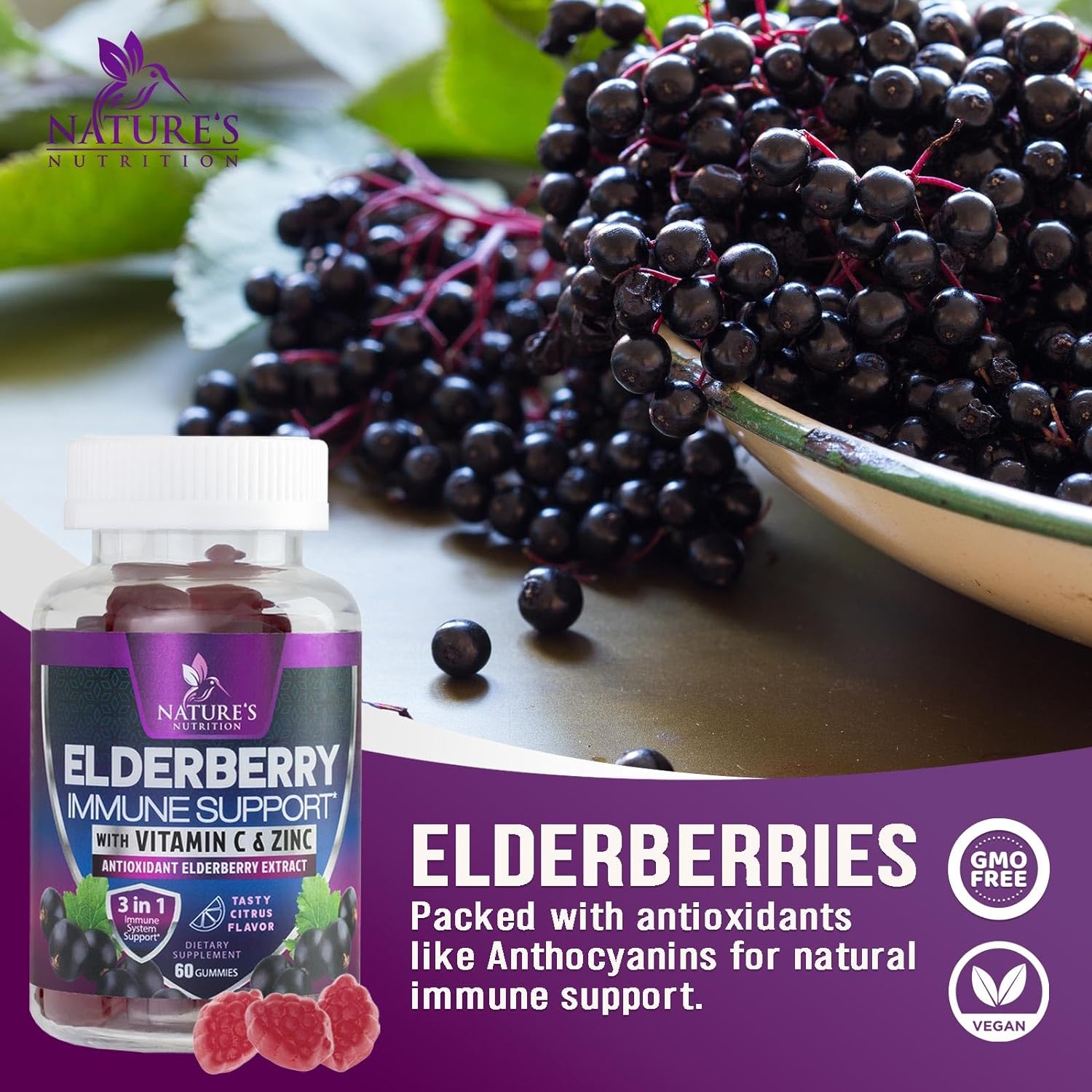 Immune Support Gummies - Powerful Elderberry, Zinc & Vitamin C Gummy, Max Potency Sambucus Black Elderberry Extract Natural Vegan Immune Support Supplement for Adults & Children - 60 Gummies : Health & Household