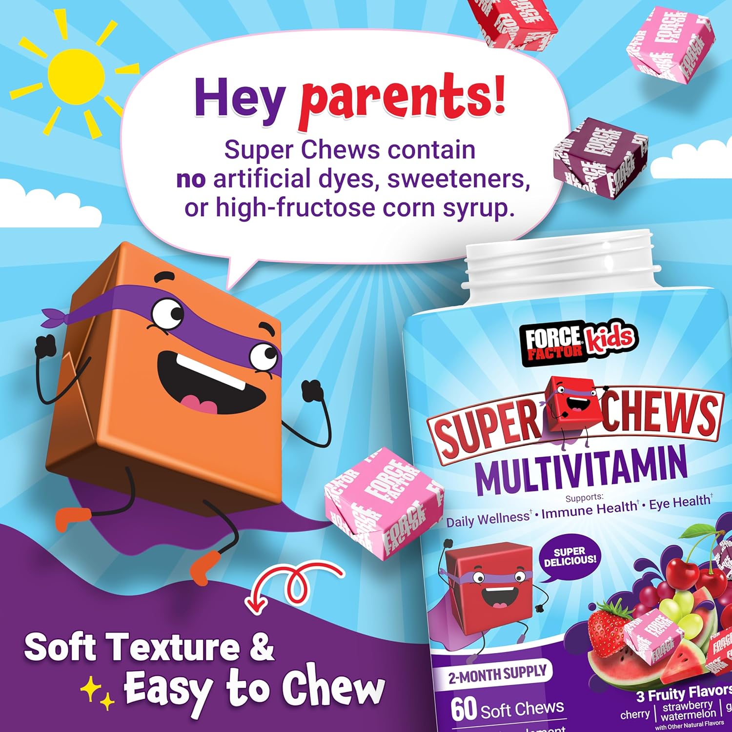 Force Factor Kids Multivitamin Super Chews, Kids Vitamins to Support Wellness, Immune Health, Eye Health, & More with 18 Vitamins, Minerals, & Antioxidants, 2-Month Supply, Multi-Flavor, 60 Soft Chews : Health & Household