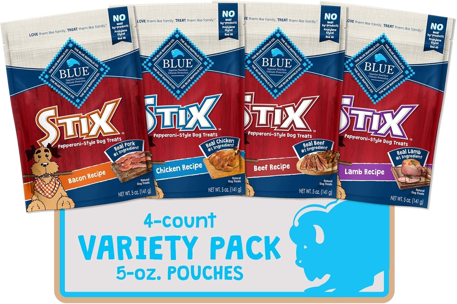 Blue Buffalo Stix Natural Soft-Moist Dog Treats, Beef, Bacon, Lamb, and Chicken 5-oz Variety Pack, 4 count : Pet Supplies