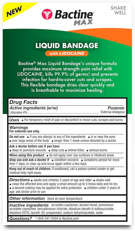 Bactine Max Liquid Bandage With Lidocaine - Wound Cleaning Liquid Bandage For Skin - Kills 99% Of Germs, Covers, Protects - Skin Glue For Wounds - .30 Fl. Ounce