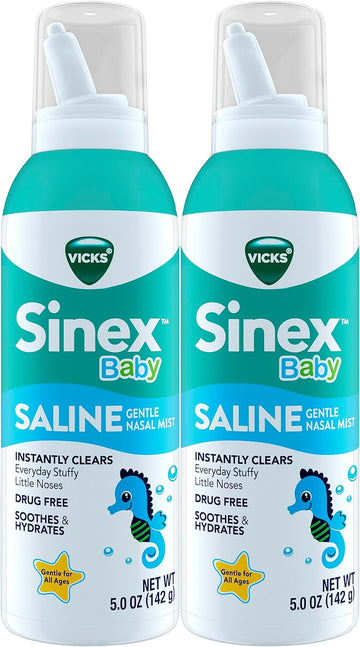 VICKS Sinex Baby Saline Nasal Spray, Drug Free Gentle Nasal Mist, Instantly Clears Everyday Stuffy Little Noses, Soothes & Hydrates, Safe For Daily Use, Gentle For All Ages, 5 OZ x 2