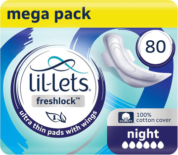 Lil-Lets Freshlock™ Ultra Thin Period Pads - 80 Count, Night Absorbency, with Wings, 8 Packs of 10 Pads - Bulk Pack, Unscented, 100% Cotton Cover, Nightime Sanitary Towels