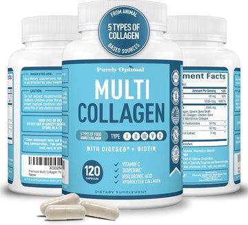 Premium Multi Collagen Peptides (Types I, Ii, Ii, V, X) - Collagen Pills For Skin Care, Hair Growth, Nails & Joints - Vitamin C, Hyaluronic Acid, Biotin, Gluten Free - 120 Collagen Capsules