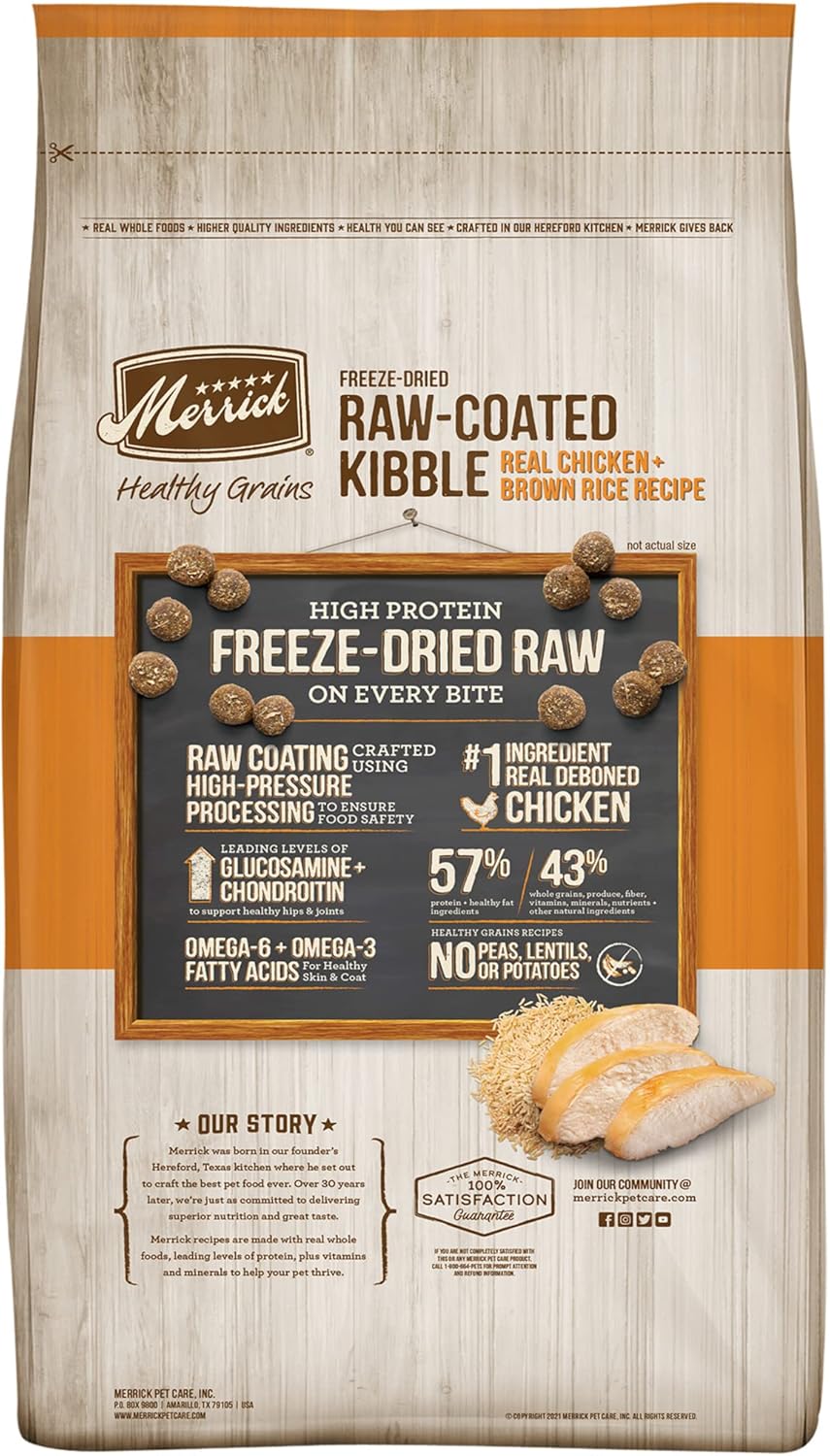 Merrick Healthy Grains Freeze Dried Raw Coated Kibble, Natural High Protein Dog Food, Chicken and Brown Rice - 22.0 lb. Bag : Pet Supplies