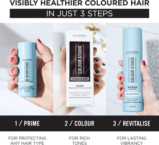 Clairol Professional Colour Studio Permanent Colour Cream Hair Dye | Long-Lasting Rich Tones | 100% Grey Coverage | Hair Colouring Kit | 3-Step Routine With Accessories | 3/0 Chocolate Brown