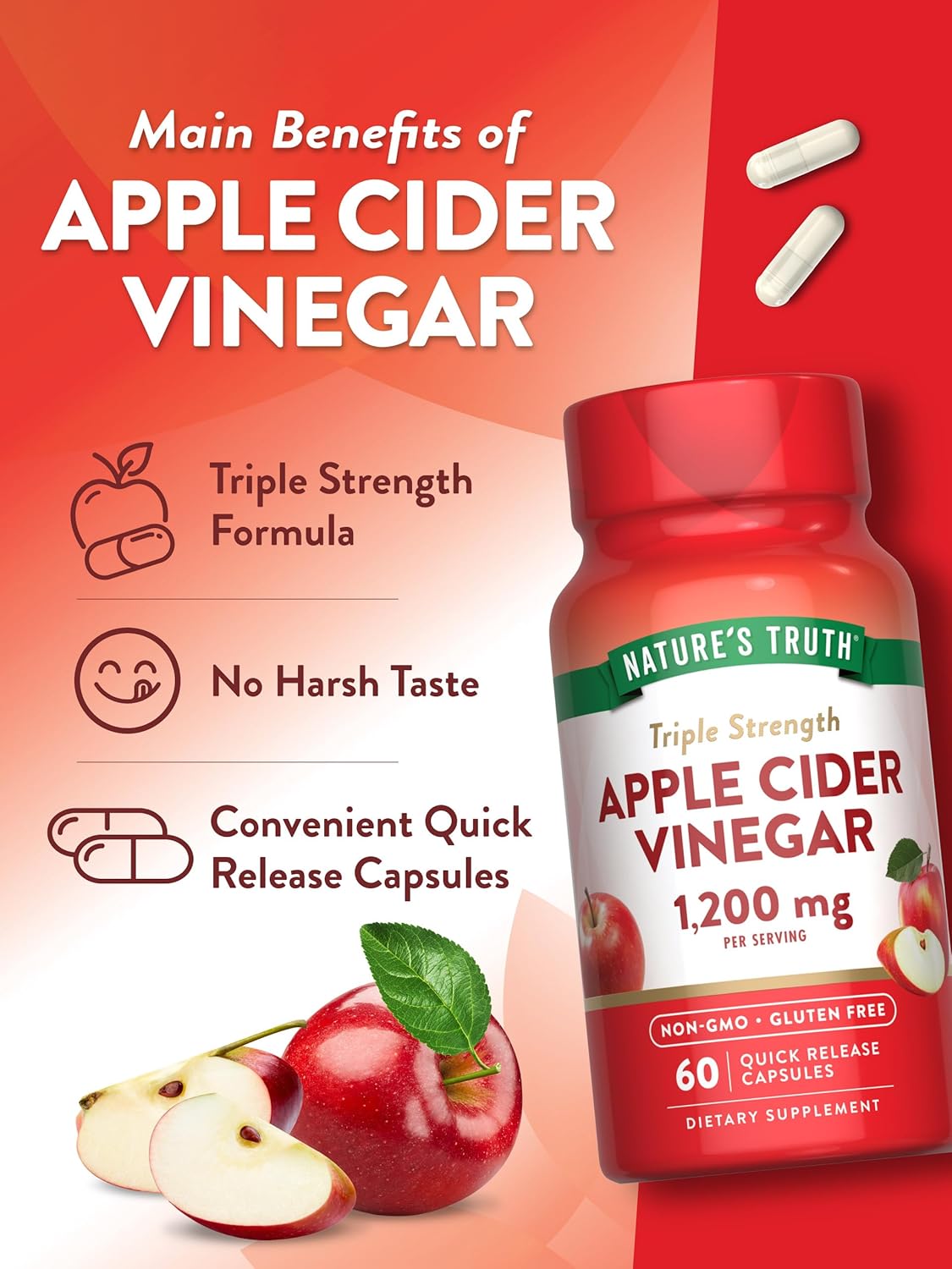 Nature'S Truth Apple Cider Vinegar Capsules | 1200Mg | Quick Release Pills | Non-Gmo & Gluten Free Supplement