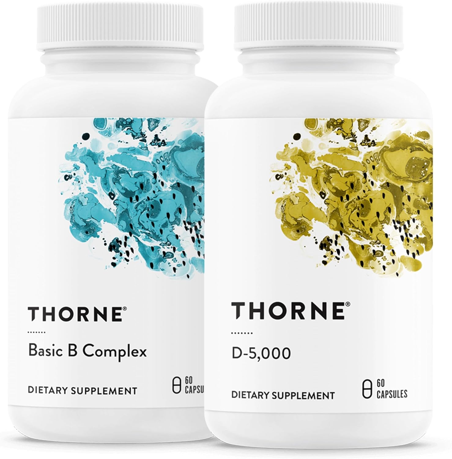 Thorne Basic B Complex (60 Capsules) & Vitamin D-5000 (60 Capsules) Bundle - Supports Cellular Energy Production, Brain Health & Healthy Bones - Gluten, Dairy & Soy-Free