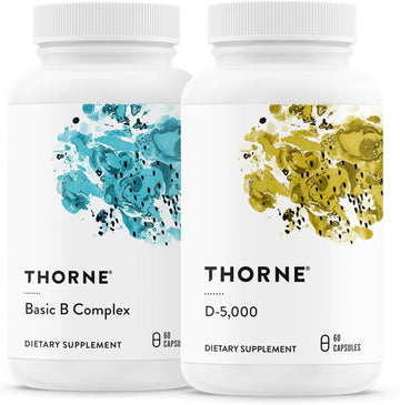 Thorne Basic B Complex (60 Capsules) & Vitamin D-5000 (60 Capsules) Bundle - Supports Cellular Energy Production, Brain Health & Healthy Bones - Gluten, Dairy & Soy-Free
