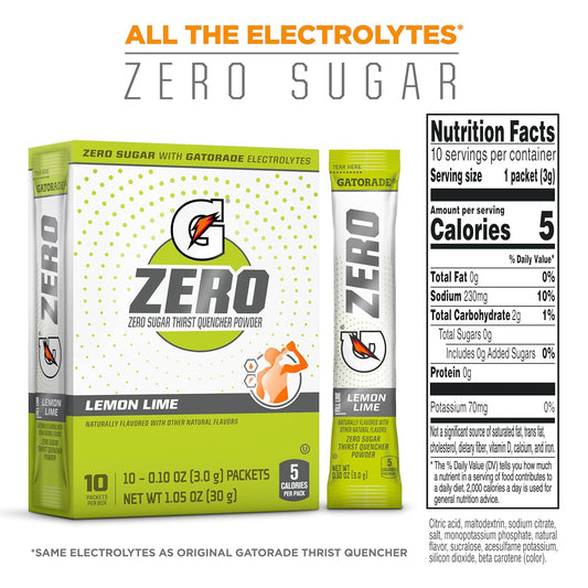 Gatorade G Zero Powder, Lemon Lime, 0.10Oz Packets, 10 Count (Pack Of 12)