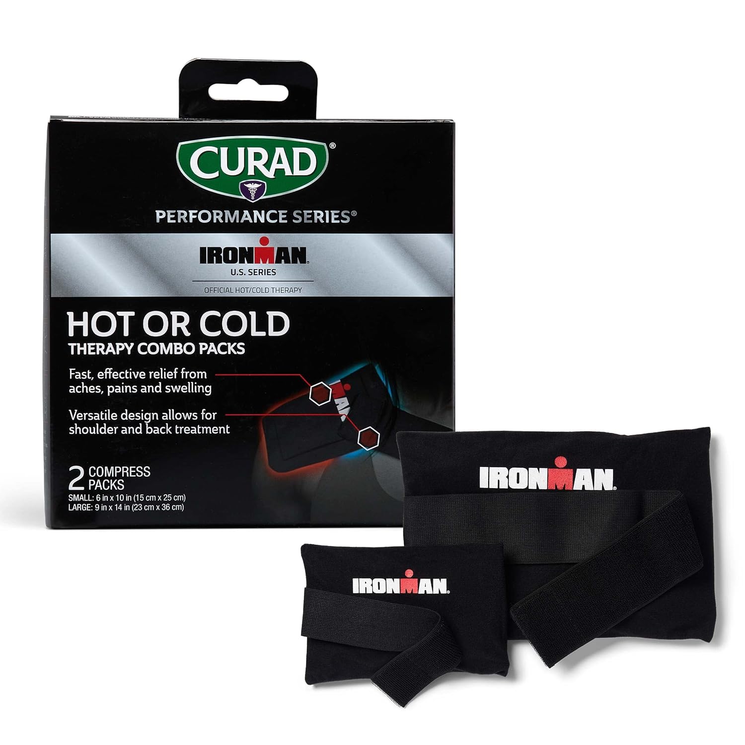 Curad Ironman Hot Or Cold Therapeutic Combo Packs With Wrap, Reusable Hot Or Cold Compress Packs For Injuries, Combo Pack Includes Small And Large, 2 Count