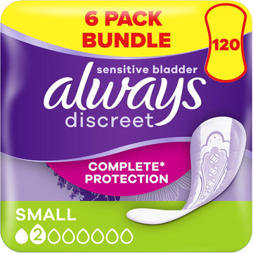 Always Discreet Incontinence Pads Women, Small, Absorbency 2, 120 Sanitary Towels (20 x 6 Packs), Complete Protection for bladder Leak, Odour Neutraliser