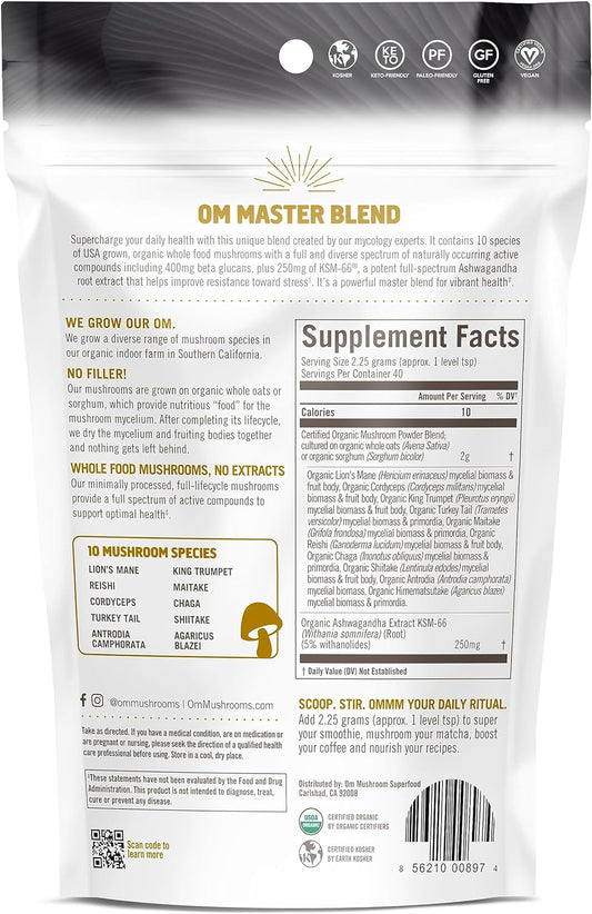 Om Mushroom Master Blend Powder, Reishi & Lions Mane, 3.17 Oz (Presentation May Vary)