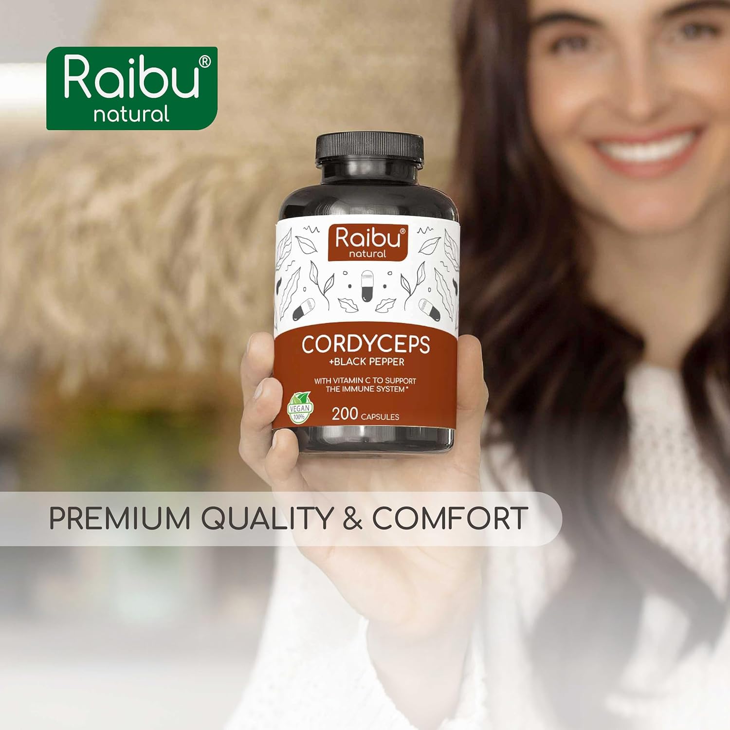 Raibu Cordyceps Capsules - 21000Mg Mushroom Content Per Daily Dose (10:1 Extract) - 200 Vegan Capsules - Cordyceps Supplement With Black Pepper & Vitamin C For Well-Being - No Additives & Lab Tested