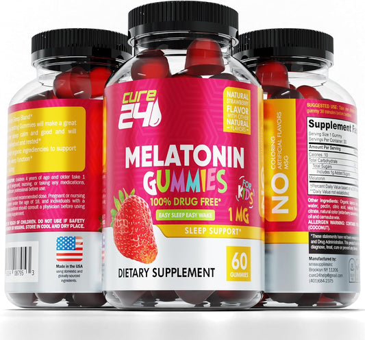 Kids Melatonin Gummy, Effective 1Mg Sleep Gummies Supplement For Children 3+, Drug-Free, Natural Fruity Strawberry Flavor, Made In Usa