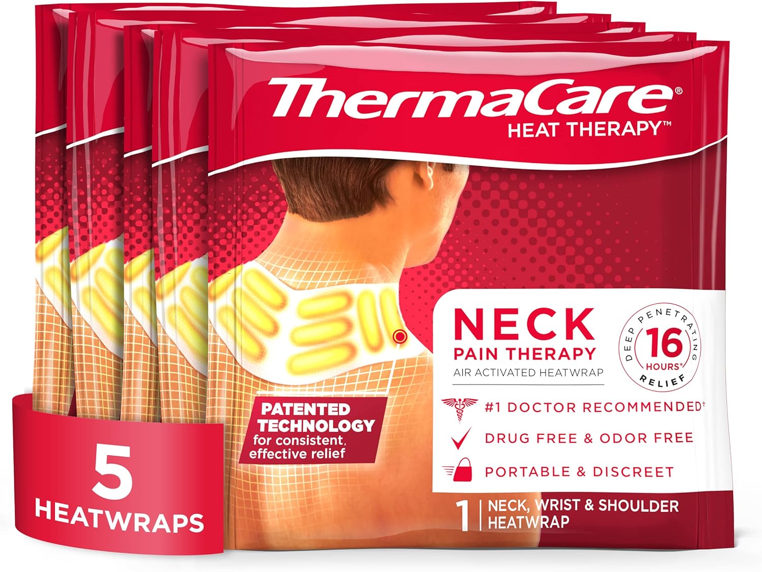 Thermacare Neck & Shoulder Heat Wraps – Pain Relief Heating Pads For Stiff Muscles & Aches – 16-Hour Drug-Free Therapy – Hsa/Fsa Eligible – Portable & Discreet, (5 Count)