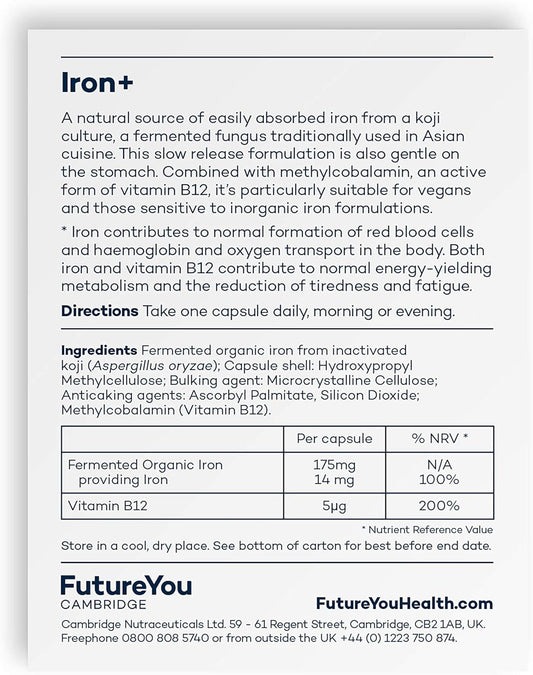 Iron+ Supplements – Energy Tablets With Koji Fermented Iron And Vitamin B12 – 28 Day Supply – Blood Supplement For Normal Formation Of Red Blood Cells – Vitamins For Tiredness By Futureyou Cambridge