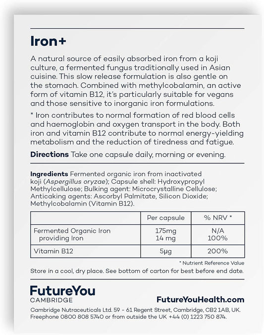 Iron+ Supplements ? Energy Tablets with Koji Fermented Iron and Vitamin B12 ? 28 Day Supply ? Blood Supplement for Normal Formation of Red Blood Cells ? Vitamins for Tiredness by FutureYou Cambridge