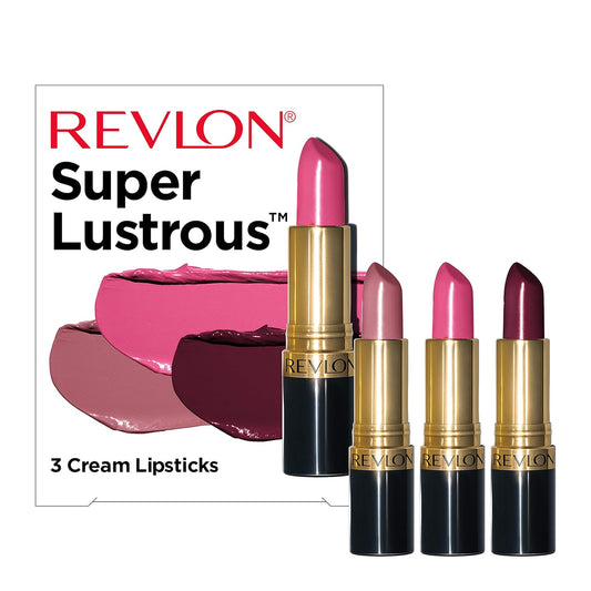 Revlon Lipstick Set, Super Lustrous 3 Piece Gift Set, High Impact, Moisturizing, Cream Finish In Pink, Plum & Berry, Pack Of 3